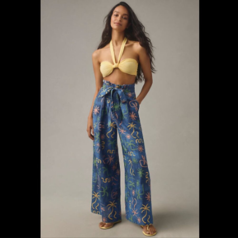 Brand New Corey Lynn Calter Linen Tropical Printed Wide-Leg Pants